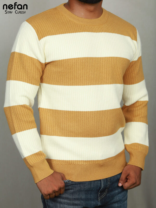 nefan Men's Striped Yellow and White Knitted Pullover Sweater - Image 3