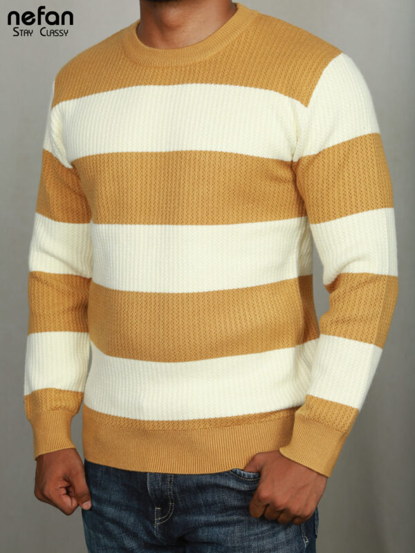 nefan Men's Striped Yellow and White Knitted Pullover Sweater - Image 4
