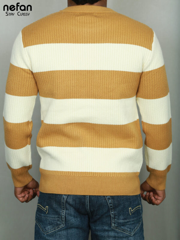 nefan Men's Striped Yellow and White Knitted Pullover Sweater - Image 5
