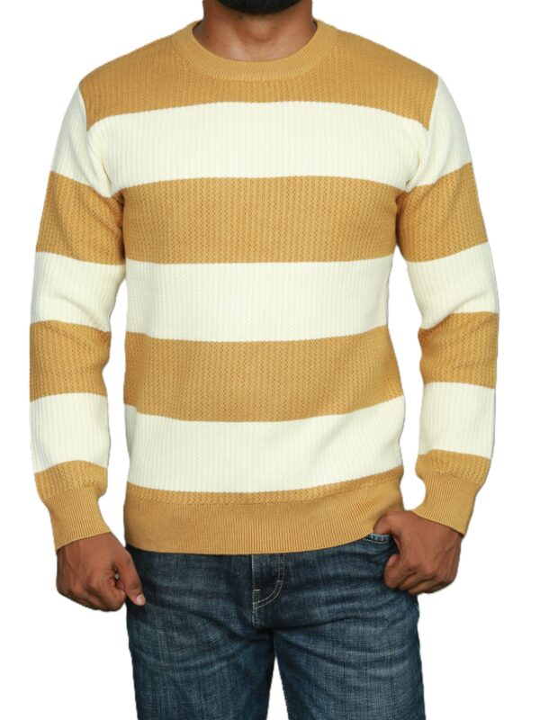 nefan Men's Striped Yellow and White Knitted Pullover Sweater