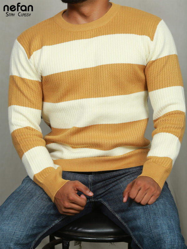 nefan Men's Striped Yellow and White Knitted Pullover Sweater - Image 2