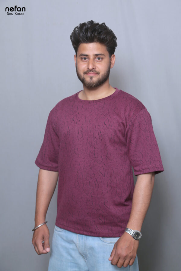 nefan men's Textured Cotton T-Shirt, Half Sleeve {Maroon} - Image 3
