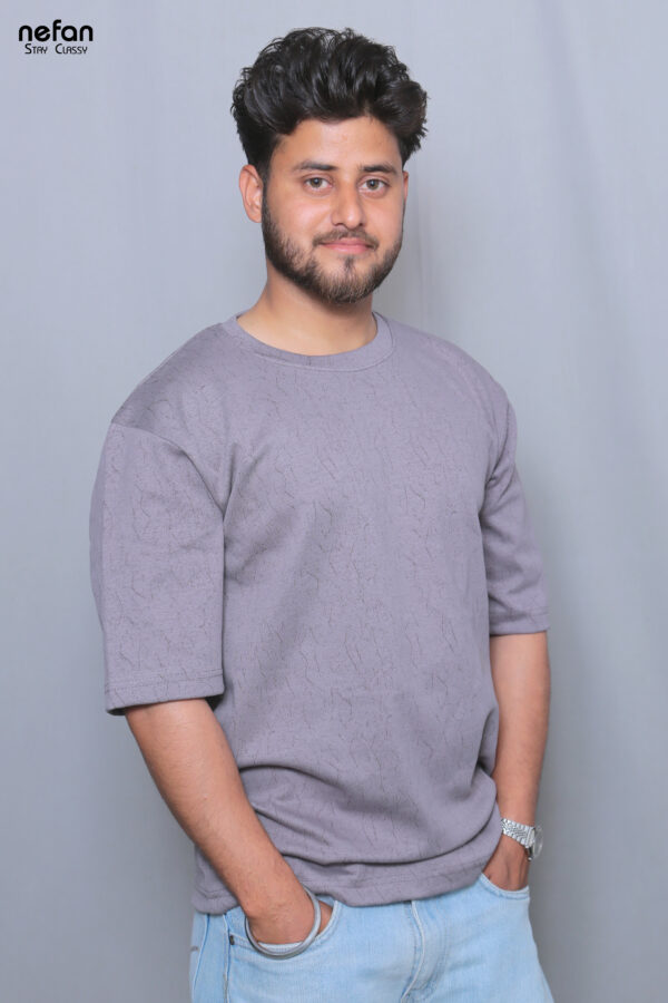 nefan men's Textured Cotton T-Shirt, Half Sleeve {Grey} - Image 2