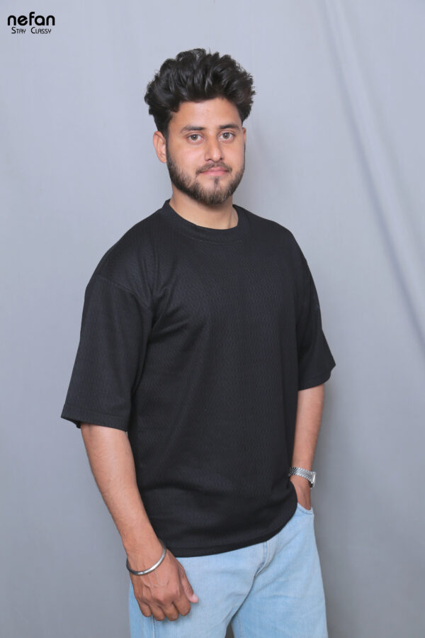 nefan Half Sleeve T-Shirt, Textured Cotton, Casual Wear {Black} - Image 3