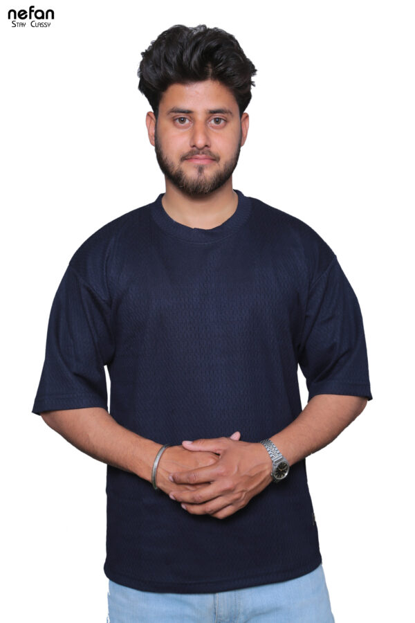 nefan Half Sleeve T-Shirt, Textured Cotton, Casual Wear {Dark Blue}