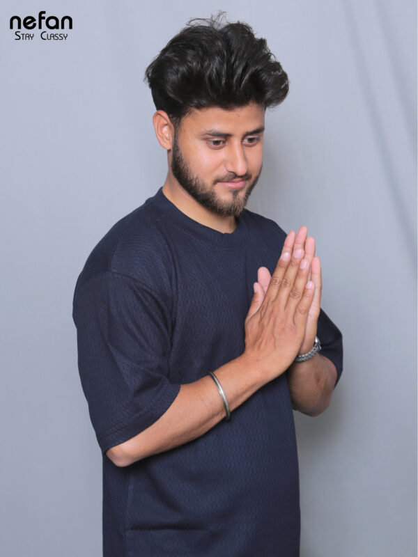 nefan Half Sleeve T-Shirt, Textured Cotton, Casual Wear {Dark Blue} - Image 2