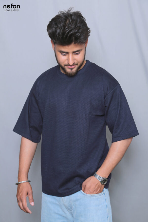 nefan Half Sleeve T-Shirt, Textured Cotton, Casual Wear {Dark Blue} - Image 3