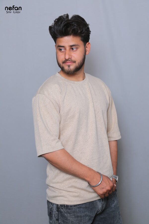 nefan men's Textured Cotton T-Shirt, Half Sleeve {Cream} - Image 2